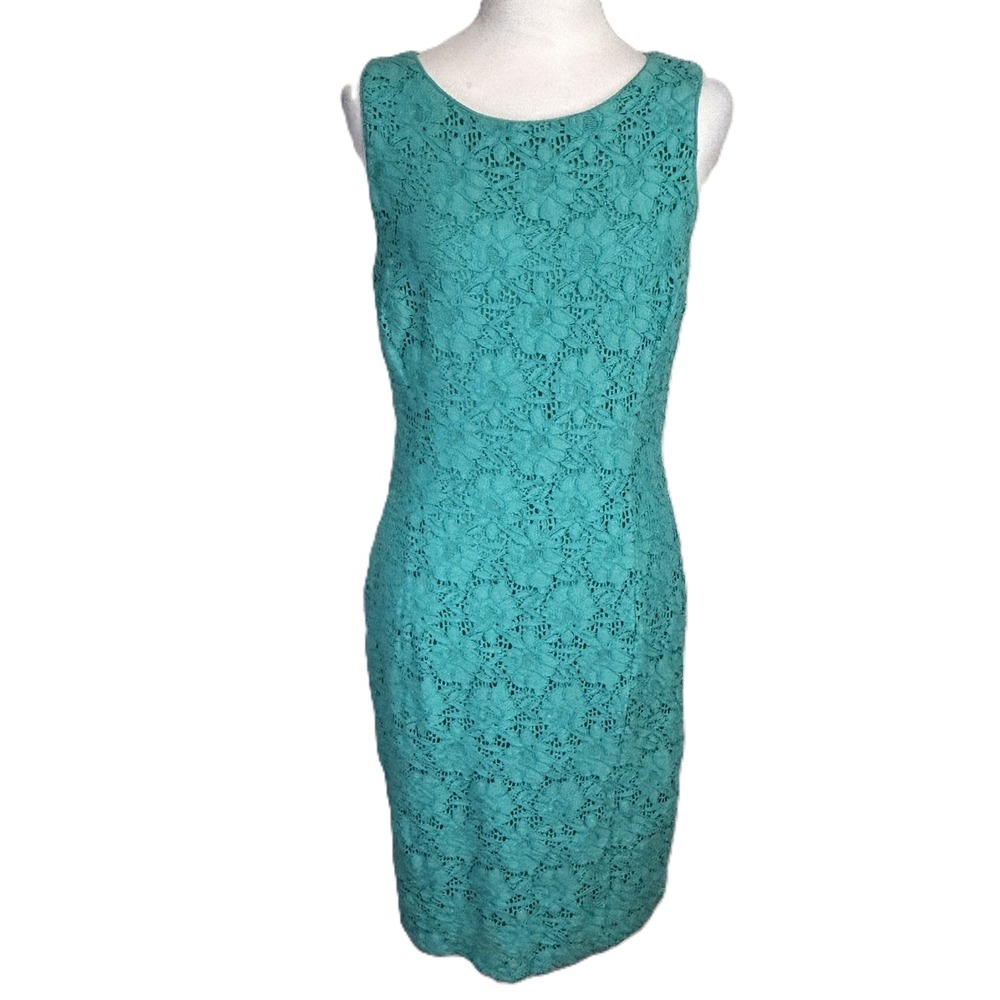 Lauren Ralph Lauren Sheath Dress Womens 8 Teal Floral Lace Sleeveless Cocktail‎